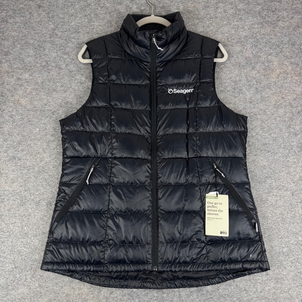 REI Co-op 650 Down Vest 2.0 Full Zip Seagen Logo Black Womens XL